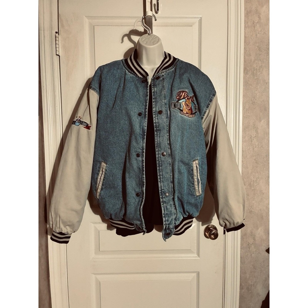 Vintage Disney Winnie the Pooh Varsity Jacket Mens L Blue Denim Embroidered 90s
